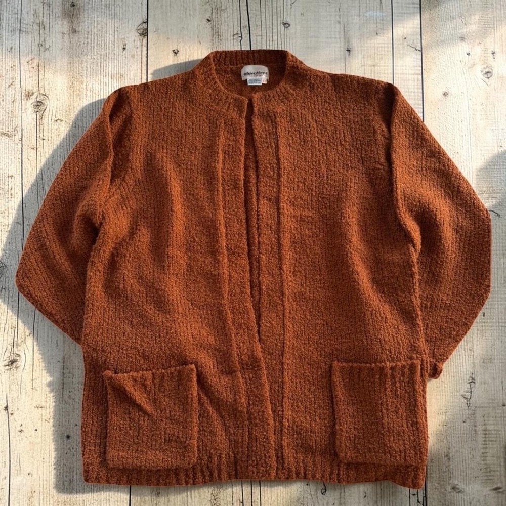 Vintage Open Front Cardigan Boucle Knit Pockets‎ Rust Orange Women 40 Objectives